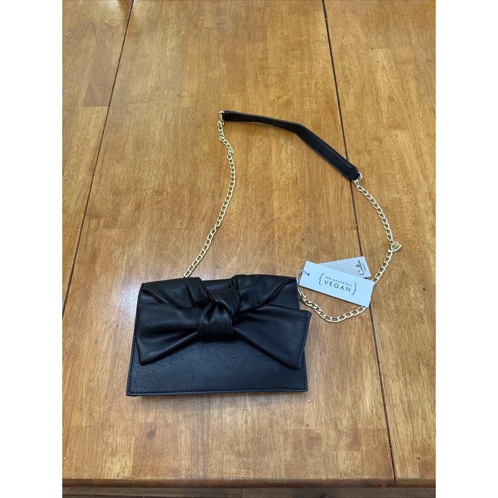 Calin Collection Vegan Faux Leather Black Purse Crossbody Bow Gold Chain